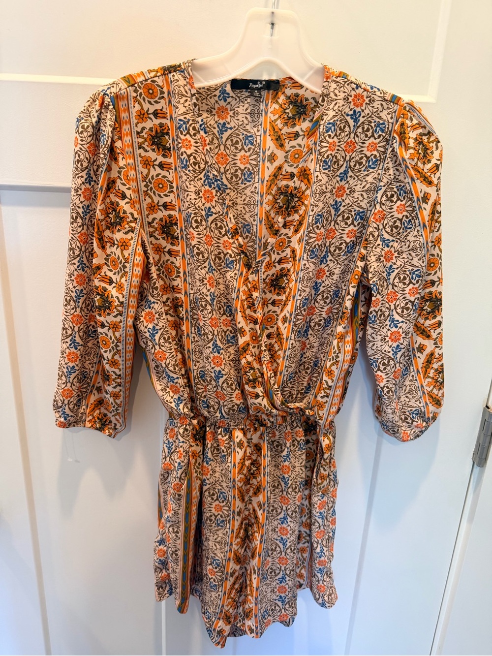 Papaya Floral Border Print Long Sleeve Wrap Front Romper Small